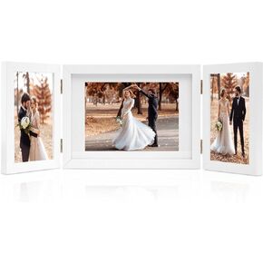 إطارات صور مجمعة قابلة للطي مكونة من 3 إطارات من DECOCIAGA مقاس 4x6 و5x7، إطارات صور خشبية متعددة للمكتب مع حصيرة لسطح المكتب أو ديكور الحائط، باللون الأبيض