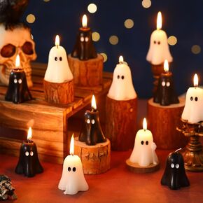 MTLEE 12 Pcs Large Halloween Ghost Candles Spooky Burning Candle Cute Ghost Shaped Halloween Decor Candles Novelty Goth Gifts for Halloween Party Table Home Decorations (Black and White,2.36 Inch)