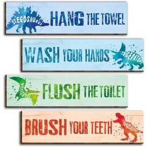 4 Pieces Watercolor Dinosaur Bathroom Wall Decor Signs, Funny Bathroom Rules Wood Hanging Sign Toilet Restroom Wall Decor Signs for Boys, Wash Brush Flush Floss Wall Art for Kids-17 in Kuwait