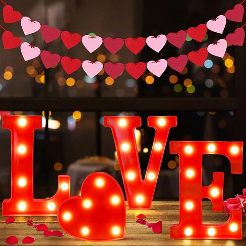 Valentines Day Decor - Led Marquee Light Up Letters “LOVE" Lights Sign + 2 Packs Felt Heart Garland Banners for Home Room Wedding Birthday Party Table Decor Supplies (Batteries Not Included) in Kuwait