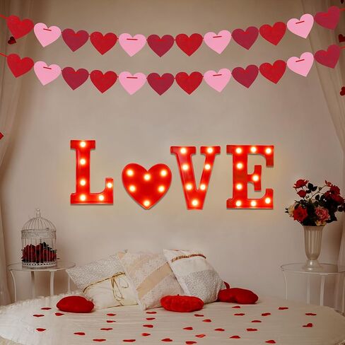 Valentines Day Decor - Led Marquee Light Up Letters “LOVE" Lights Sign + 2 Packs Felt Heart Garland Banners for Home Room Wedding Birthday Party Table Decor Supplies (Batteries Not Included) in Kuwait