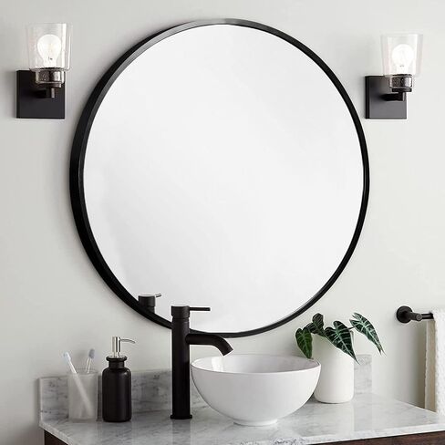 MIRUO Round Mirror 32 inch Circle Mirrors for Wall Mounted Black Mirror Round Bathroom Mirror for Wall Circle Mirrors Wall Decor Vintage Mirror Round Wall Mirrors Aluminum Alloy Thin Frame in Kuwait