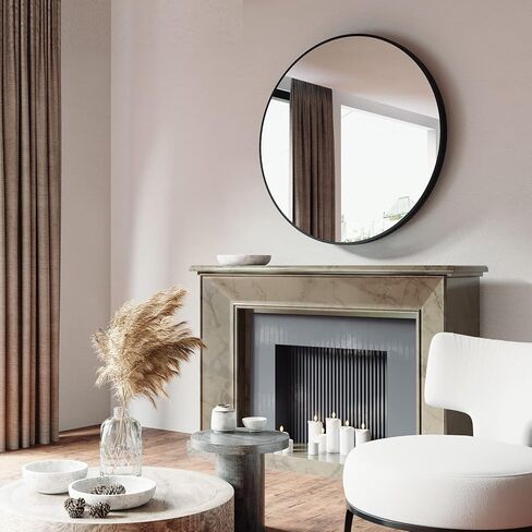 MIRUO Round Mirror 32 inch Circle Mirrors for Wall Mounted Black Mirror Round Bathroom Mirror for Wall Circle Mirrors Wall Decor Vintage Mirror Round Wall Mirrors Aluminum Alloy Thin Frame in Kuwait