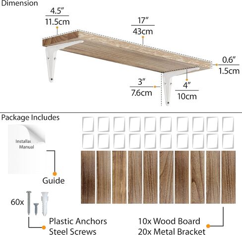 Wallniture Arras 17"x4.5" Wall Bookshelves Floating Shelves for Wall Storage,Wall Shelf for Living Room, Kitchen Organizer, Office, Burnt Finish White Bracket Set of 10 in Saudi Arabia