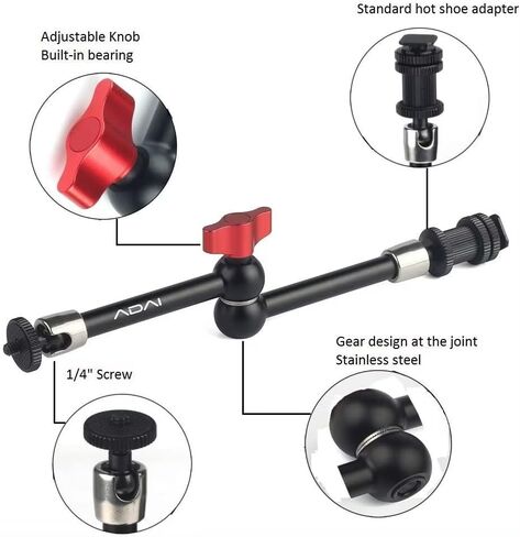 ذراع احتكاك مفصلي قابل للتعديل مقاس 11 بوصة من ADAI ومشبك كبير للغاية لجهاز كاميرا DSLR، شاشة LCD، أضواء LED، ضوء فلاش/DJI Osmo in Kuwait