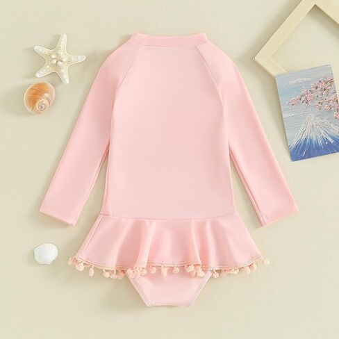 Yccutest طفل رضيع الأزهار ثوب السباحة الفتيات سحاب أكمام طويلة كشكش شرابة قطعة واحدة ملابس السباحة الاطفال طفح الحرس ملابس الشاطئ in Kuwait