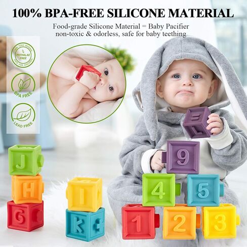 Kingtree Baby Blocks (Set of 12), Soft Silicone Building Blocks Squeeze Stacking Toys for 6 Months and Up Infants, Colorful Early Educational Puzzle Toy with Numbers Animals Shapes Textures in Kuwait