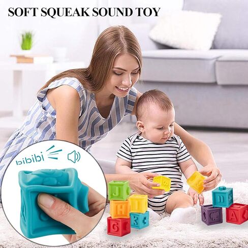 Kingtree Baby Blocks (Set of 12), Soft Silicone Building Blocks Squeeze Stacking Toys for 6 Months and Up Infants, Colorful Early Educational Puzzle Toy with Numbers Animals Shapes Textures in Kuwait