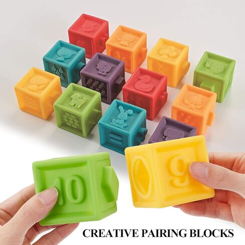 Kingtree Baby Blocks (Set of 12), Soft Silicone Building Blocks Squeeze Stacking Toys for 6 Months and Up Infants, Colorful Early Educational Puzzle Toy with Numbers Animals Shapes Textures in Kuwait