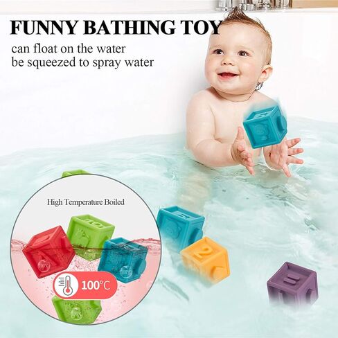 Kingtree Baby Blocks (Set of 12), Soft Silicone Building Blocks Squeeze Stacking Toys for 6 Months and Up Infants, Colorful Early Educational Puzzle Toy with Numbers Animals Shapes Textures in Kuwait