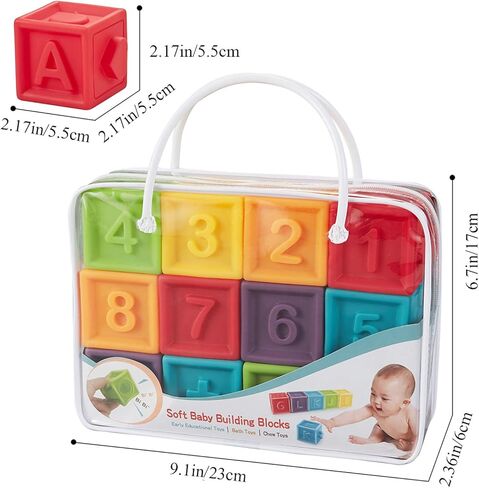 Kingtree Baby Blocks (Set of 12), Soft Silicone Building Blocks Squeeze Stacking Toys for 6 Months and Up Infants, Colorful Early Educational Puzzle Toy with Numbers Animals Shapes Textures in Kuwait