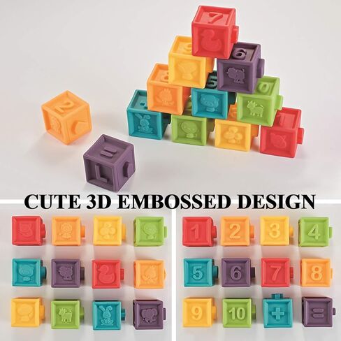 Kingtree Baby Blocks (Set of 12), Soft Silicone Building Blocks Squeeze Stacking Toys for 6 Months and Up Infants, Colorful Early Educational Puzzle Toy with Numbers Animals Shapes Textures in Kuwait