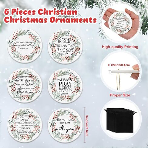 Christian Christmas Ornaments Bulk Bible Verse Hanging Ornament Inspirational Quotes Ceramic Ornaments for Christmas Tree Round Flat Religious Xmas Church Home Decor for Mom Women Gift(6 Pcs) in Saudi Arabia