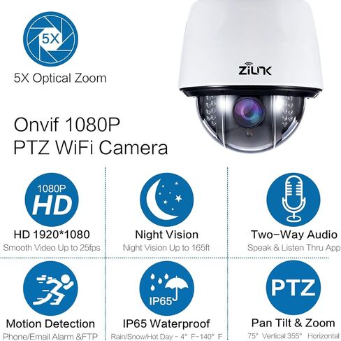 كاميرا مراقبة لاسلكية ZILINK 2MP من الفولاذ المقاوم للصدأ للأمان الخارجي مع IP65 مقاومة للماء، مقلاة/إمالة/تكبير، تكبير بصري 5X، وصول عن بعد، كشف الحركة، دعم بطاقة TF-iOS، Android in Kuwait