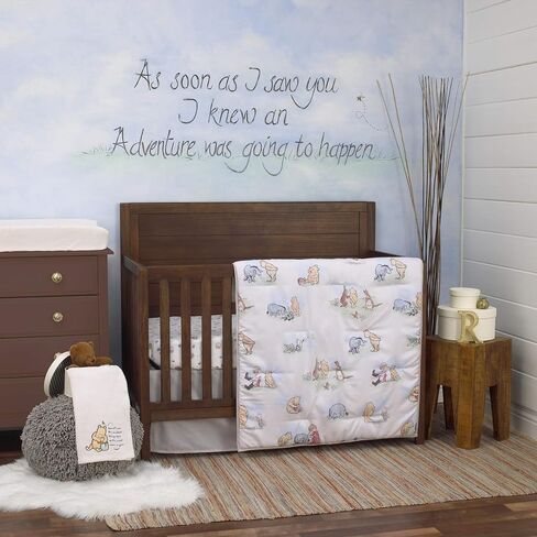 Disney Winnie The Pooh Classic Pooh Ivory, Blue, Sage, Tan Storybook 6 Piece Nursery Crib Bedding Set - Comforter, 2 Fitted Crib Sheets, Dust Ruffle, Baby Blanket, Changing Pad Cover in Saudi Arabia
