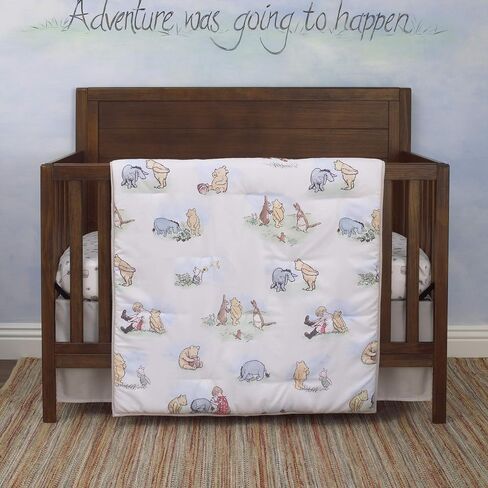 Disney Winnie The Pooh Classic Pooh Ivory, Blue, Sage, Tan Storybook 6 Piece Nursery Crib Bedding Set - Comforter, 2 Fitted Crib Sheets, Dust Ruffle, Baby Blanket, Changing Pad Cover in Saudi Arabia