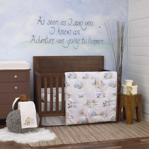 Disney Winnie The Pooh Classic Pooh Ivory, Blue, Sage, Tan Storybook 6 Piece Nursery Crib Bedding Set - Comforter, 2 Fitted Crib Sheets, Dust Ruffle, Baby Blanket, Changing Pad Cover in Saudi Arabia