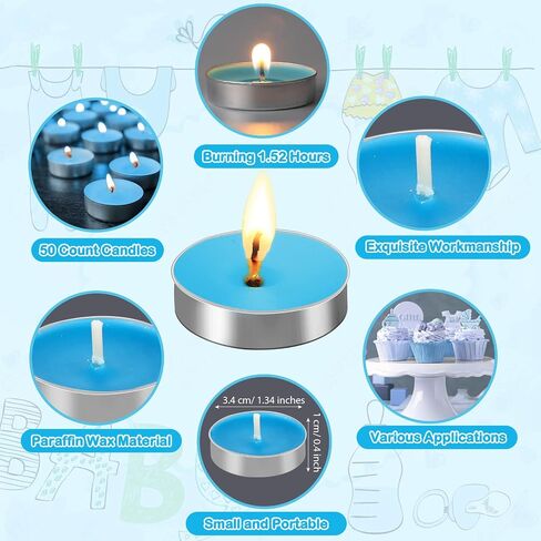 Roowest 50 Sets Baby Shower Favors for Guests, 50 Baptism Tea Light Candles with 50 Baptism Cards and Organza Bags, Baptism Themed Baby Shower Favors Gender Reveal for Boys Girls(Blue) in Saudi Arabia