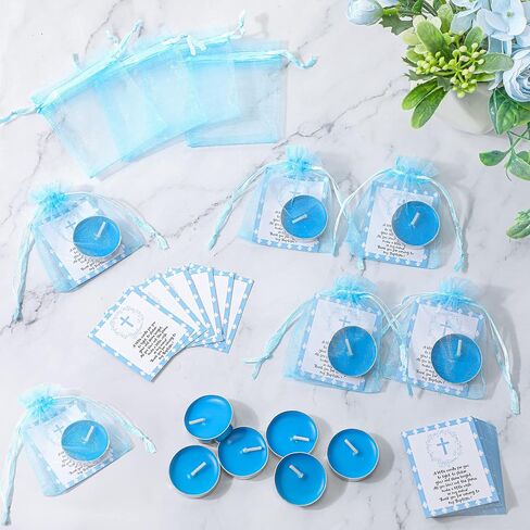 Roowest 50 Sets Baby Shower Favors for Guests, 50 Baptism Tea Light Candles with 50 Baptism Cards and Organza Bags, Baptism Themed Baby Shower Favors Gender Reveal for Boys Girls(Blue) in Saudi Arabia