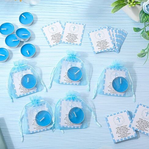 Roowest 50 Sets Baby Shower Favors for Guests, 50 Baptism Tea Light Candles with 50 Baptism Cards and Organza Bags, Baptism Themed Baby Shower Favors Gender Reveal for Boys Girls(Blue) in Saudi Arabia