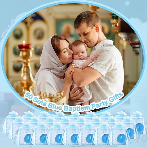 Roowest 50 Sets Baby Shower Favors for Guests, 50 Baptism Tea Light Candles with 50 Baptism Cards and Organza Bags, Baptism Themed Baby Shower Favors Gender Reveal for Boys Girls(Blue) in Saudi Arabia