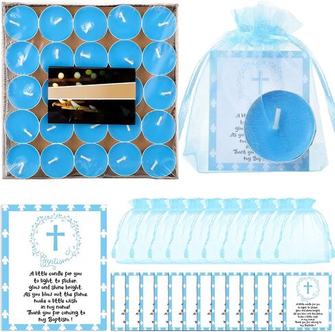 Roowest 50 Sets Baby Shower Favors for Guests, 50 Baptism Tea Light Candles with 50 Baptism Cards and Organza Bags, Baptism Themed Baby Shower Favors Gender Reveal for Boys Girls(Blue) in Saudi Arabia