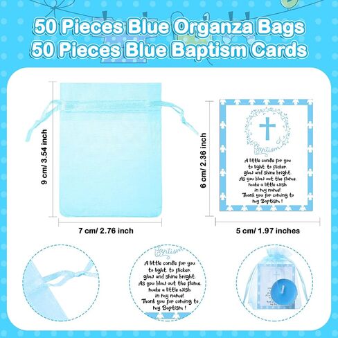 Roowest 50 Sets Baby Shower Favors for Guests, 50 Baptism Tea Light Candles with 50 Baptism Cards and Organza Bags, Baptism Themed Baby Shower Favors Gender Reveal for Boys Girls(Blue) in Saudi Arabia