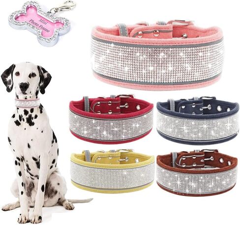 حجر الراين طوق الكلب للفتيات الأولاد، مع علامات الكلب المكتوبة بخط اليد لطيف المبهر تألق جلد الغزال الناعم جميلة بلينغ كريستال الماس القط الحيوانات الأليفة الصغيرة المتوسطة الكبيرة الذكور الإناث، الوردي S in Kuwait