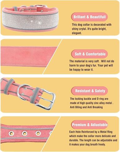 حجر الراين طوق الكلب للفتيات الأولاد، مع علامات الكلب المكتوبة بخط اليد لطيف المبهر تألق جلد الغزال الناعم جميلة بلينغ كريستال الماس القط الحيوانات الأليفة الصغيرة المتوسطة الكبيرة الذكور الإناث، الوردي S in Kuwait