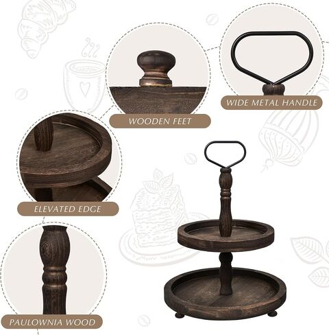 2 Tier Wooden Farmhouse Tray, Round Decorative Tray Stand with Metal Handle for Home Kitchen Rustic Decor, Coffee Wood Cupcake Display Trays Set in Saudi Arabia