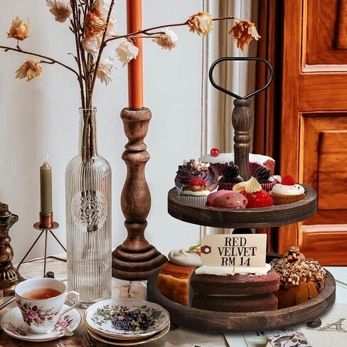2 Tier Wooden Farmhouse Tray, Round Decorative Tray Stand with Metal Handle for Home Kitchen Rustic Decor, Coffee Wood Cupcake Display Trays Set in Saudi Arabia