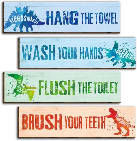 4 Pieces Watercolor Dinosaur Bathroom Wall Decor Signs, Funny Bathroom Rules Wood Hanging Sign Toilet Restroom Wall Decor Signs for Boys, Wash Brush Flush Floss Wall Art for Kids-17 in Kuwait