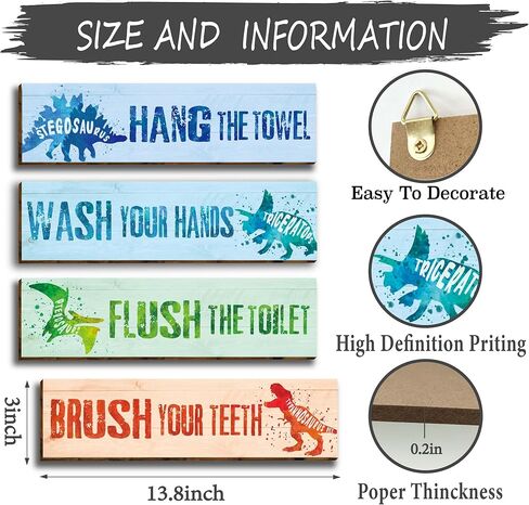 4 Pieces Watercolor Dinosaur Bathroom Wall Decor Signs, Funny Bathroom Rules Wood Hanging Sign Toilet Restroom Wall Decor Signs for Boys, Wash Brush Flush Floss Wall Art for Kids-17 in Kuwait
