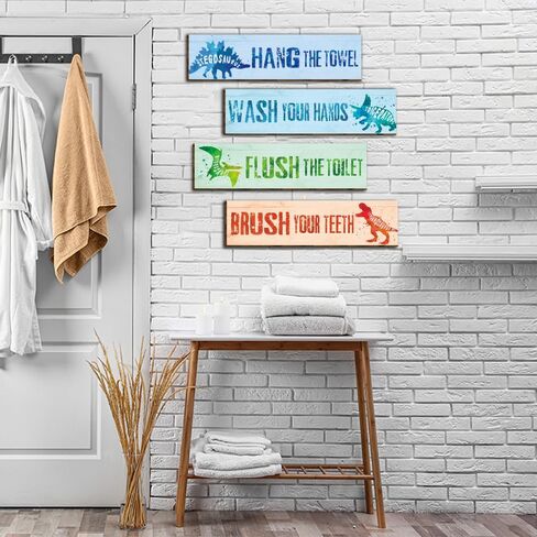 4 Pieces Watercolor Dinosaur Bathroom Wall Decor Signs, Funny Bathroom Rules Wood Hanging Sign Toilet Restroom Wall Decor Signs for Boys, Wash Brush Flush Floss Wall Art for Kids-17 in Kuwait