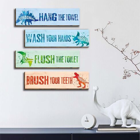 4 Pieces Watercolor Dinosaur Bathroom Wall Decor Signs, Funny Bathroom Rules Wood Hanging Sign Toilet Restroom Wall Decor Signs for Boys, Wash Brush Flush Floss Wall Art for Kids-17 in Kuwait