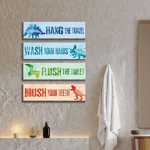 4 Pieces Watercolor Dinosaur Bathroom Wall Decor Signs, Funny Bathroom Rules Wood Hanging Sign Toilet Restroom Wall Decor Signs for Boys, Wash Brush Flush Floss Wall Art for Kids-17 in Kuwait