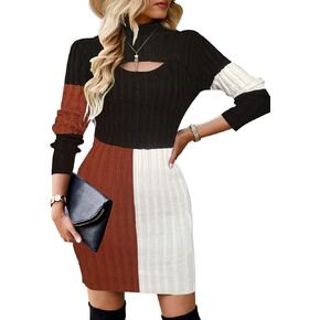 Zilcremo Women Long Sleeve Mock Neck Knit Stretch Slim Cutout Pullover Sweater Ribbed Bodycon Mini Sweater Dress