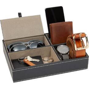 5 Compartment Emerald Green Leather Valet Tray for Wallet, Keys (10 x 7.3 x 2 in)