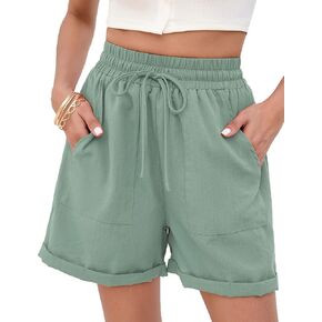 BLUEMING Women's Summer Hight Waist Shorts Casual Comfy Drawstring Elastic Waist Solid Color Loose Fit Shorts with Pockets