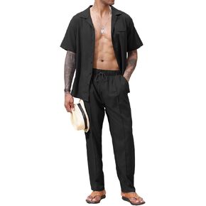 Lexiart 2 Piece Set for Men Beach Outfits Cuban Collar Button Down Shirt Darwstring Pants in Saudi Arabia