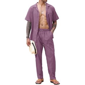 Lexiart 2 Piece Set for Men Beach Outfits Cuban Collar Button Down Shirt Darwstring Pants