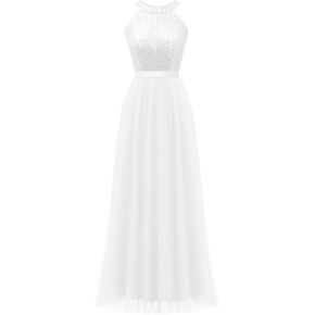 Tidinesslife 2023 Halter Sequin Dress for Women Sexy Glitter Beaded Tulle Long Wedding Cocktail Party Dresses