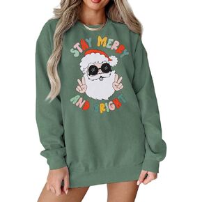 BOUTIKOME Womens Christmas Sweatshirt Santa Claus Stay Merry And Bright Shirt Vintage Santa Graphic Crewneck Sweater Top