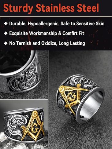 FaithHeart Masonic Signet Rings for Men, Stainless Steel Freemason Jewelry, Punk Biker Thumb Ring with Delicate Packaging in Kuwait