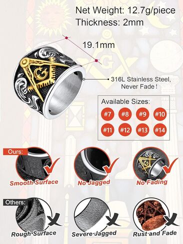 FaithHeart Masonic Signet Rings for Men, Stainless Steel Freemason Jewelry, Punk Biker Thumb Ring with Delicate Packaging in Kuwait