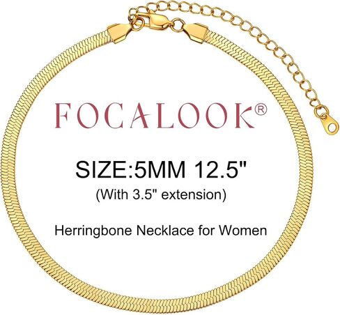 قلادات مطلية بالذهب عيار 18 قيراط من FOCALOOK للنساء، قلادة عصرية متعرجة من الفولاذ المقاوم للصدأ سلسلة ثعبان مسطحة 3/5 مم (عرض) 12.5 بوصة/15 بوصة/18 بوصة+3.5 بوصة (طول) in Kuwait