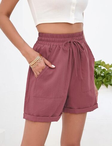 BLUEMING شورت نسائي صيفي عالي الخصر كاجوال مريح برباط خصر مرن بلون سادة فضفاض مناسب مع جيوب in Kuwait