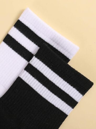 OYOANGLE Women's 2 Pairs Striped Trim Casual Crew Socks Simple Mid Calf Socks in Kuwait