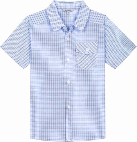 Bienzoe Boys Short Sleeve Shirt: Casual Button Down Cotton Plaid Kids Tops in Kuwait