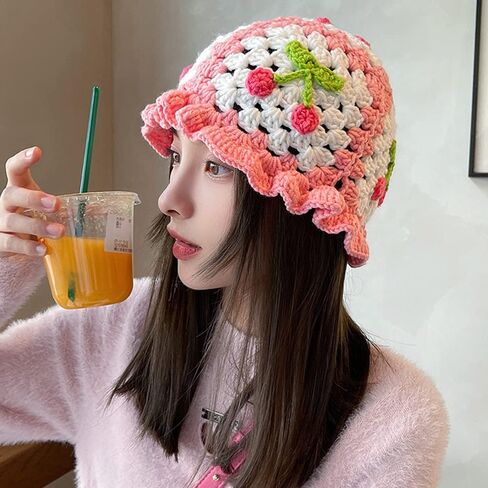 JUENAWMIU Crochet Bucket Hat for Women Handmade Knit Hats Summer Floral Skull Cap Knit Bucket Hats for Women in Kuwait